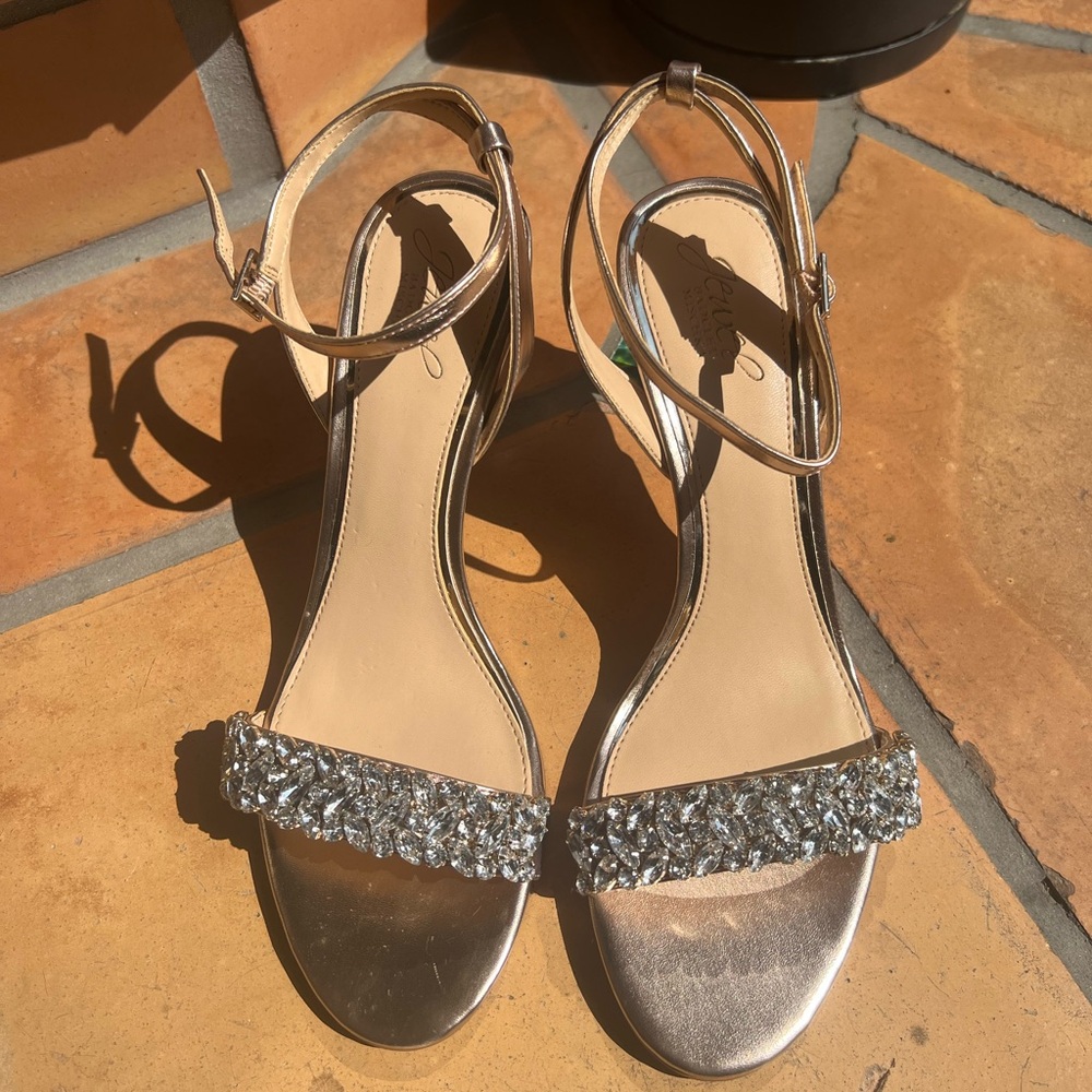 Jewel Badgley Mischka Gold Sandals with Rhinestone Straps